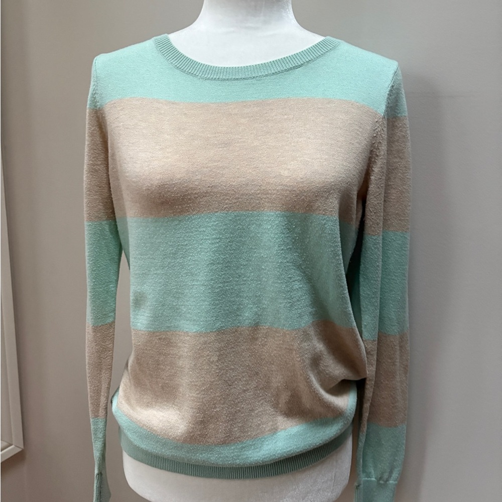 Old Navy Women’s Mint Green and Beige Khaki Striped Sweater